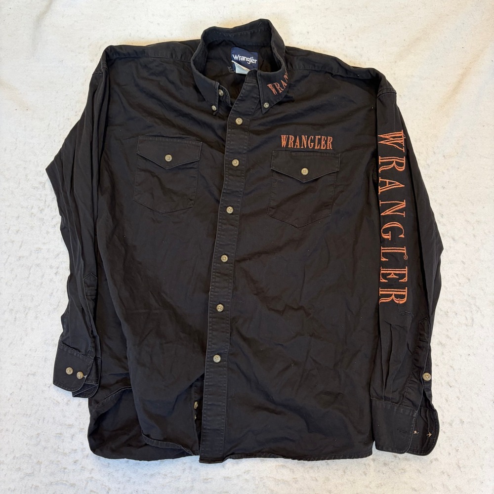 Wrangler Button Down Shirt Mens Large Black Long Sleeve Embroidered Logo MP2160X